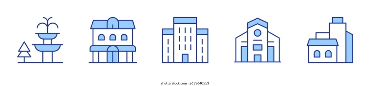 fonte, cobertura, duplex, cidade, arquitetônico. Ilustração de vetor de ícone urbano. Estilo Duotônico da Linha. Traçado editável.