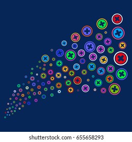 Fountain of pharmacy icons. Vector illustration style is flat bright multicolored pharmacy iconic symbols on a blue background. Object stream created from scattered design elements.