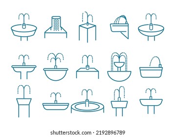 Fountain pictograms. Waterworks icons, spray droplets waterfall collection, water architecture equipment system symbols, architectural fountains design signs