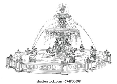 Fountain at Place de la Concord (landmark of Paris) vector hand drawing illustration in black color isolated on white background