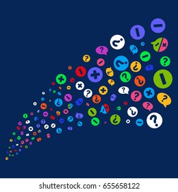 Fountain of pros and cons arguments symbols. Vector illustration style is flat bright multicolored pros and cons arguments iconic symbols on a blue background.