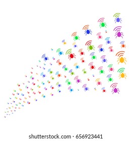 Fountain of radio bug symbols. Vector illustration style is flat bright multicolored iconic radio bug symbols on a white background. Object fountain constructed from pictographs.