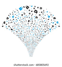 Fountain of secrecy symbols. Vector illustration style is flat blue and gray iconic symbols on a white background. Object fountain constructed from random symbols.