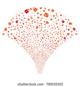 Fountain of secrecy symbols. Vector illustration style is flat intensive red and orange iconic symbols on a white background. Object stream constructed from confetti pictographs.