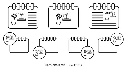 Fontäne, Selfie, Abenteuer-Vektorsymbol in Kalender-Set-Illustration für i und ux, Website oder mobile Anwendung