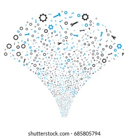 Fountain of setup tools icons. Vector illustration style is flat blue and gray iconic symbols on a white background. Object stream constructed from confetti pictograms.