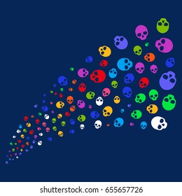 Fountain of skull symbols. Vector illustration style is flat bright multicolored skull iconic symbols on a blue background. Object source combined from random pictograms.