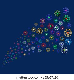 Fountain of solar system symbols. Vector illustration style is flat bright multicolored solar system iconic symbols on a blue background. Object stream combined from confetti design elements.