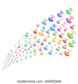 Fountain of space antenna icons. Vector illustration style is flat bright multicolored iconic space antenna symbols on a white background. Object fountain organized from pictographs.
