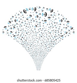 Fountain of space antenna icons. Vector illustration style is flat blue and gray iconic symbols on a white background. Object stream constructed from scattered design elements.