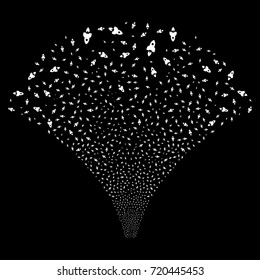 Fountain of space rocket icons. Vector illustration style is flat white iconic symbols on a black background. Object fountain constructed from scattered symbols.