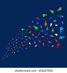 Fountain of space rocket symbols. Vector illustration style is flat bright multicolored space rocket iconic symbols on a blue background. Object salute constructed from random icons.