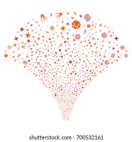 Fountain of space symbols. Vector illustration style is flat intensive red and orange iconic symbols on a white background. Object stream constructed from scattered symbols.