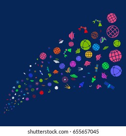 Fountain of space technology symbols. Vector illustration style is flat bright multicolored space technology symbols iconic symbols on a blue background. Object stream made from random pictographs.