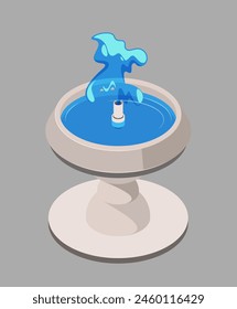 A fountain with splashing water, graphic style, on grey background, concept of garden decor. Isolated vector illustration