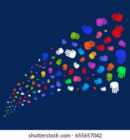 Fountain of stop hand icons. Vector illustration style is flat bright multicolored stop hand iconic symbols on a blue background. Object salute organized from scattered pictographs.