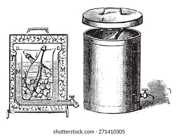 Fountain for storing ice for 24 hours, vintage engraved illustration.
