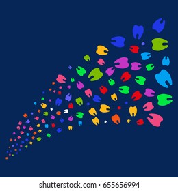 Fountain of tooth symbols. Vector illustration style is flat bright multicolored tooth iconic symbols on a blue background. Object source done from scattered icons.