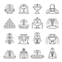 Fountain Types Thin Line Icons Set Isolated On White. Architecture Pouring Water Outline Pictograms Collection. Waterfall, Tiered, Classic, Cascading, Splash, Dancing Equipment Vector Element For Web.