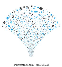 Fountain of ufo symbols icons. Vector illustration style is flat blue and gray iconic symbols on a white background. Object stream organized from random design elements.