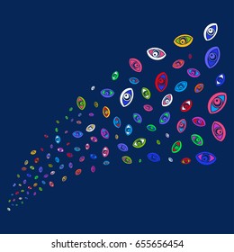 Fountain of vision icons. Vector illustration style is flat bright multicolored vision iconic symbols on a blue background. Object fountain created from random symbols.