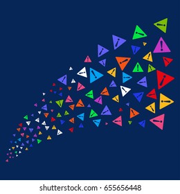 Fountain of warning symbols. Vector illustration style is flat bright multicolored warning iconic symbols on a blue background. Object fountain made from confetti symbols.