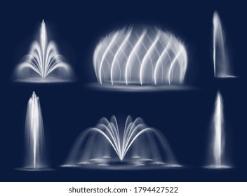 Fountain water jets isolated vector cascades and single splashing streams. Realistic multiple geysers flows eruption, 3d water jets spurt up. Waterworks elements for park decoration and design set