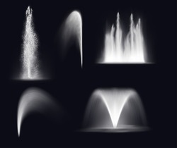 Fountain Water Jets And Splashes, Isolated Realistic 3d Vector Waterfall And Stream Spray. Fountain Water Jets Silhouettes, Dancing Fountain Cascade Or Geyser And Spring Eruption