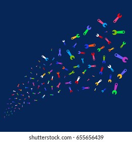 Fountain of wrench symbols. Vector illustration style is flat bright multicolored wrench iconic symbols on a blue background. Object fountain created from random design elements.