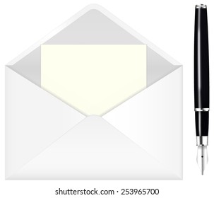 Fountain writing pen and open envelope with paper. Vector drawing isolated.