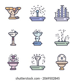 Fountains color vector doodle simple icon set
