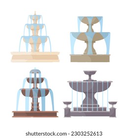 Fountains. A set of illustrations of fountains with water jets in different styles.