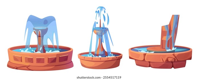 Fountains set isolated on white background. Vector cartoon illustration of city landscape design elements, round stone basin with water sprinklers, public garden decoration, summer park landmark