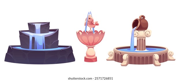 Fountains set isolated on white background. Vector cartoon illustration of stone and marble, modern, antique and classic style tiered pool with water sprinkles and statues, park or garden decoration