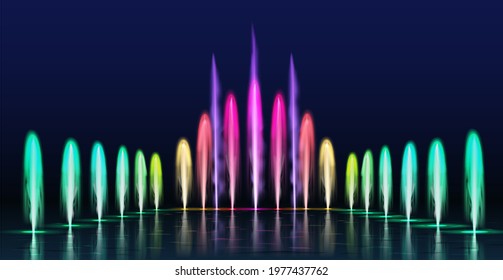 Fountains show. Realistic colored dancing water jets in night. Fountain cascade with lights for park decoration, 3d aqua sprays vector set. Realistic show illuminated, beautiful entertainment design