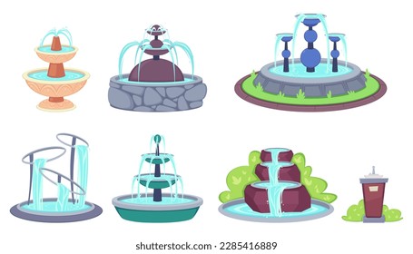 Fuentes con gotas de salpicadura ilustraciones vectoriales establecidas. Colección de dibujos de cascadas geyser, fuente de bebida para el parque aislado en fondo blanco. Arquitectura, concepto de decoración