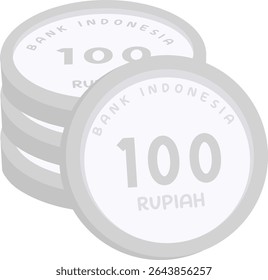Cuatro monedas de plata de 100 rupias de Indonesia apiladas en un estilo plano de Vector. Ideal para ilustraciones financieras, contenido económico o gráficos bancarios.