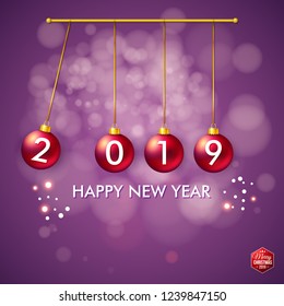 Four 2019 numbered bright red Christmas balls in swinging pendulum composition with Happy New Year text. Blurred shiny purple background with sparkling and bokeh light effects. Vector illustration.