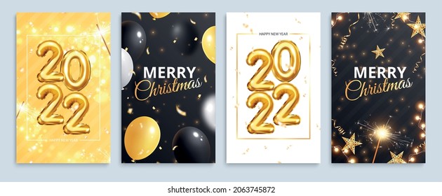 Four 2022 new year and christmas cards set with balloons and holiday decorations isolated realistic vector illustration