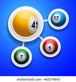 Four 3D Bingo Balls on White Frame Over Blue Background
