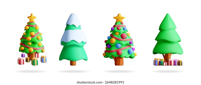 Four 3d Christmas tree illustrations on a white background. Holiday ornament design for a greeting card, banner, poster, or web design.