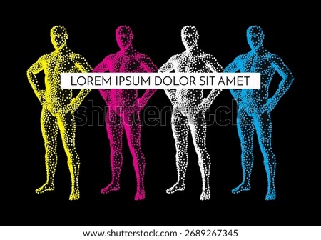 Four 3D models of the human body. Stipple effect. Color selection. Cloning technology. Biometric scanning. Vector for a brochure, flyer, presentation or banner.
