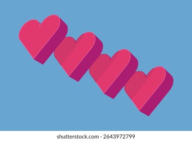 Four 3D pink hearts on blue background. A illustration featuring four bold pink hearts aligned diagonally across. This minimalist and modern graphic conveys themes of love, romance and affection.
