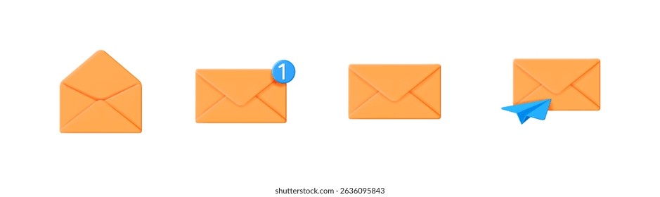 Four 3d realistic rendering icons featuring mail envelope. Orange paper letters with blue plane or new message notification. Vector cartoon illustrations for digital communication.