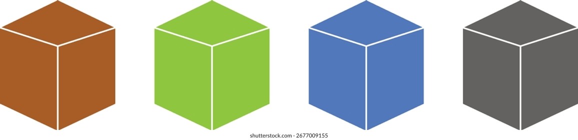 four 3D rectangular prism shapes in a flat isometric style. The shapes are shown in different colors: brown, green, blue, and gray