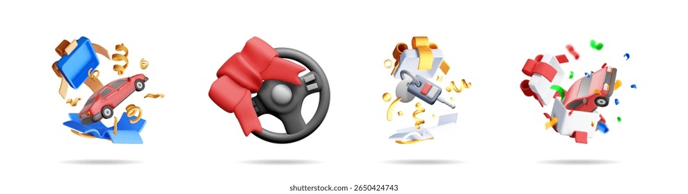 Quatro ilustrações 3d renderizadas de presentes com carro, volante, chave, confete. Programa de bônus para o conceito do cliente.