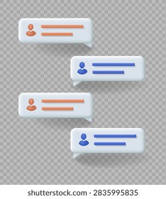 four 3D speech bubbles, chat dialogue, conversation messenger interface. layout carousel style messenger chat screen