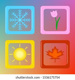 Four 3D squares with elements of the seasons of winter, spring, summer and autumn.