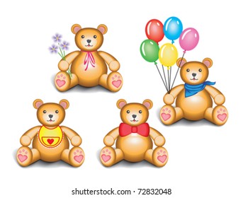 Four 3D teddy bears isolated on a white background.