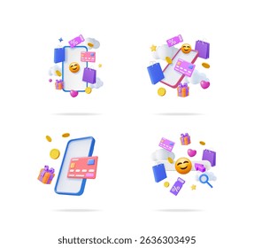 Quatro ilustrações vetoriais 3d de compras on-line em smartphones com bolsas, cartão de crédito, moedas e presentes flutuando por aí para o e-commerce.
